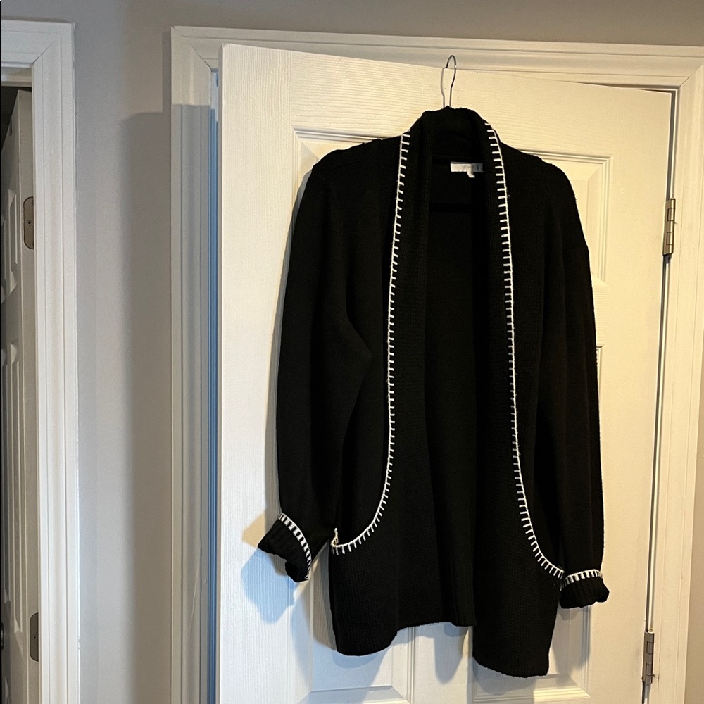 Black Open Front  long Cardigan with White Trim